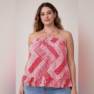 Anthropologie Maeve Halter Ruffle Top Red White Large Boho Vacation